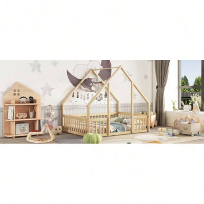 Full Wood House - Shaped Floor Bed with Fence, Guardrails, Natural