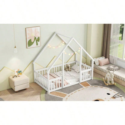 Twin Wood House - Shaped Floor Bed with Fence, Guardrails, White