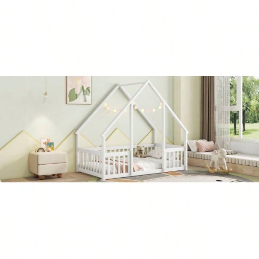Twin Wood House - Shaped Floor Bed with Fence, Guardrails, White