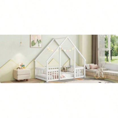 Twin Wood House - Shaped Floor Bed with Fence, Guardrails, White