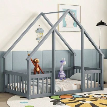 Full Wood House - Shaped Floor Bed with Fence, Guardrails, Natural