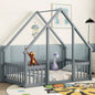 Twin Wood House - Shaped Floor Bed with Fence, Guardrails, White
