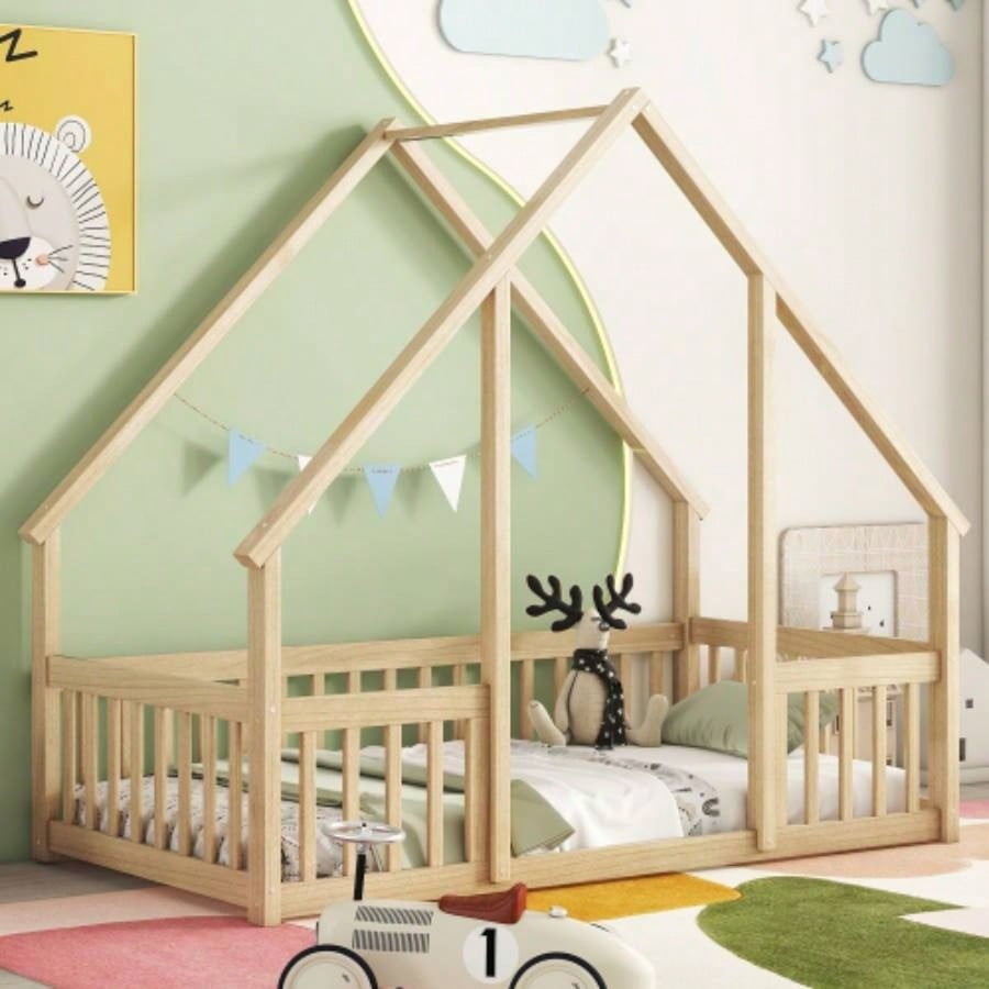 Full Wood House - Shaped Floor Bed with Fence, Guardrails, Natural