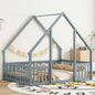 Full Wood House - Shaped Floor Bed with Fence, Guardrails, Natural