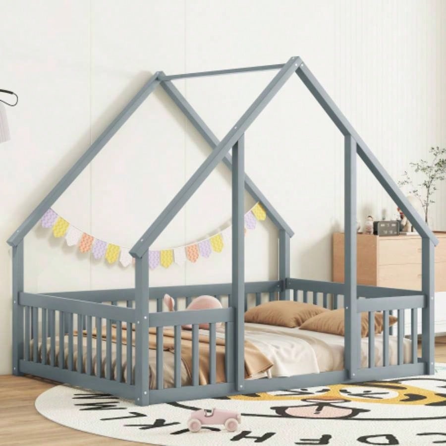 Full Wood House - Shaped Floor Bed with Fence, Guardrails, Natural