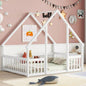 Twin Wood House - Shaped Floor Bed with Fence, Guardrails, White