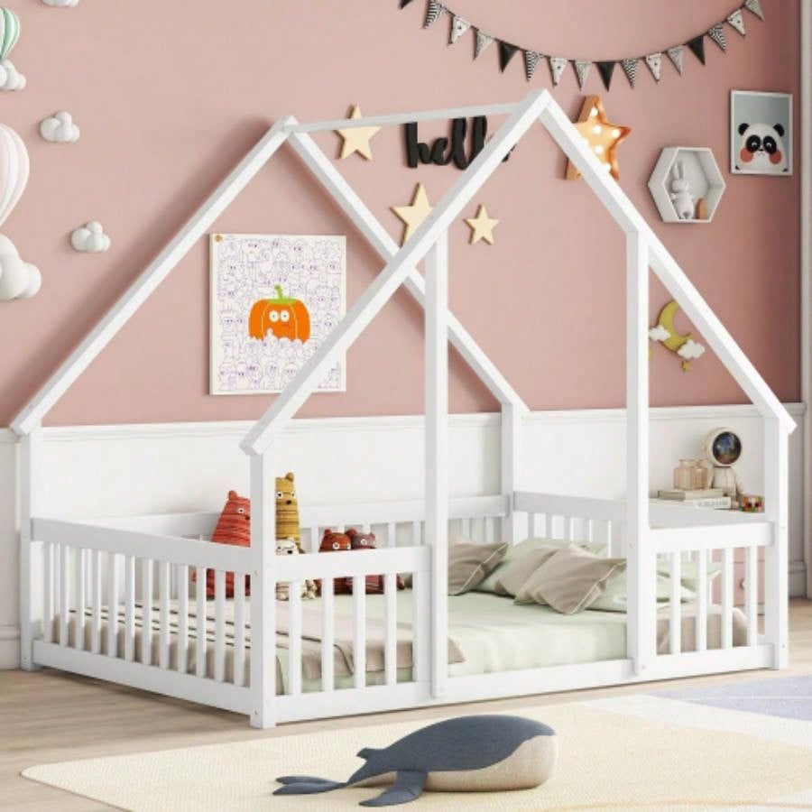 Full Wood House - Shaped Floor Bed with Fence, Guardrails, Natural
