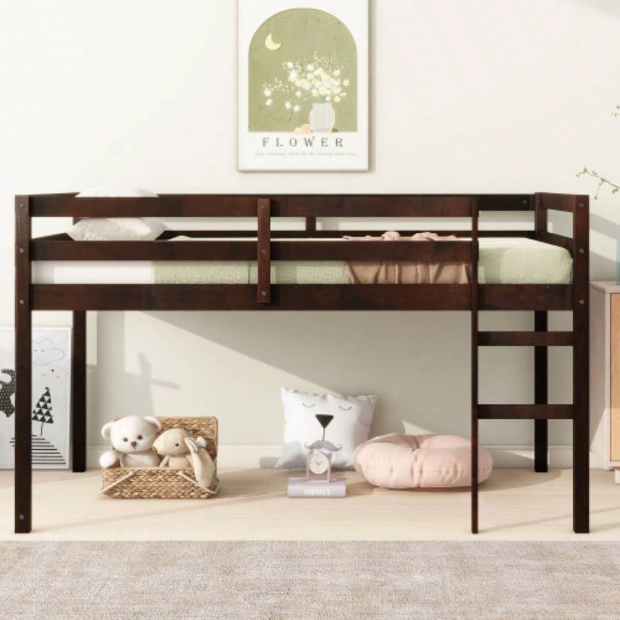 Solid Wooden, Rubber Wooden Twin Loft Bed with Ladder, Bed Platform of Strengthened Slats, Espresso