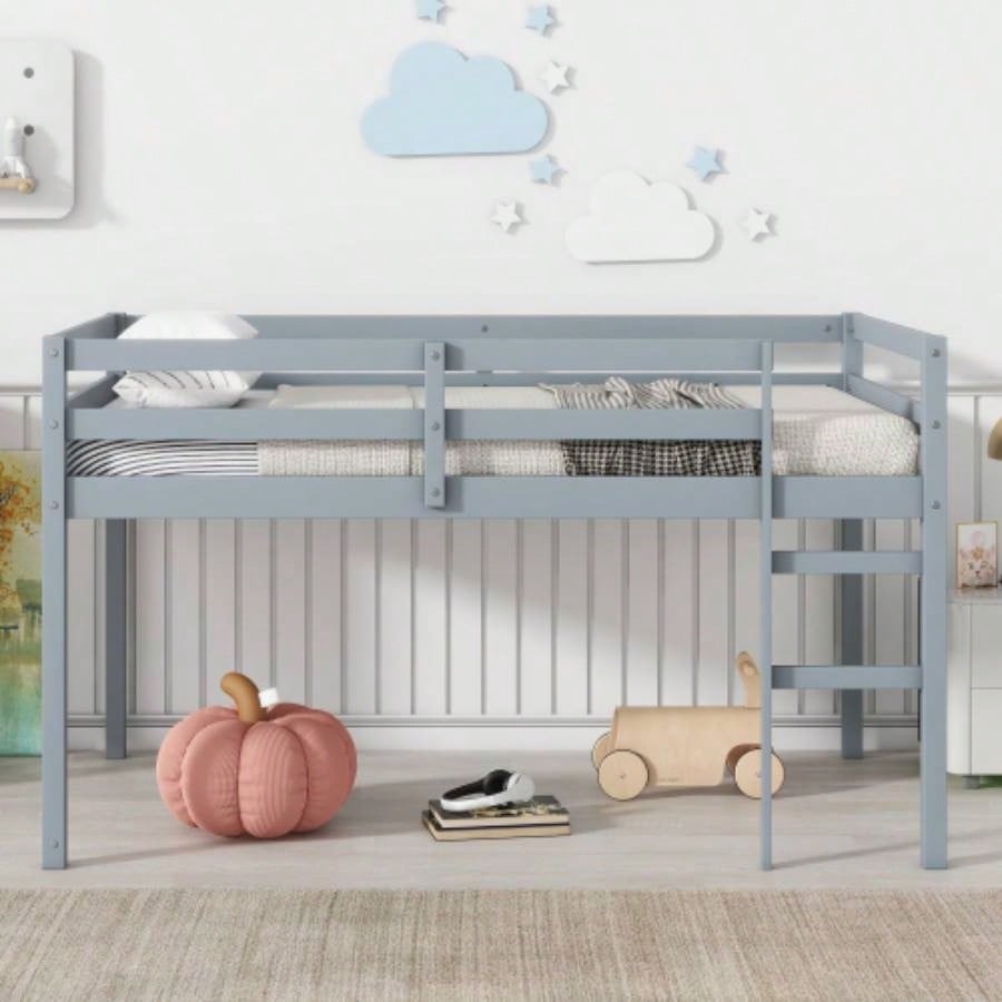 Solid Wooden, Rubber Wooden Twin Loft Bed with Ladder, Bed Platform of Strengthened Slats, Espresso