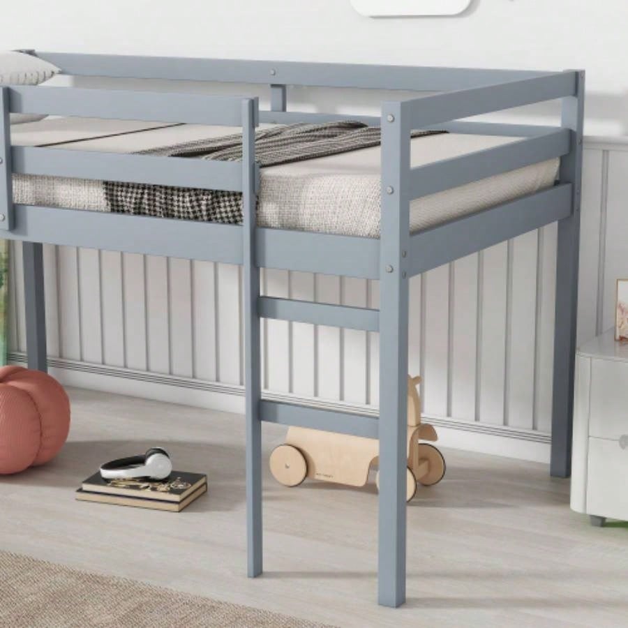 Solid Wooden, Rubber Wooden Twin Loft Bed with Ladder, Bed Platform of Strengthened Slats,