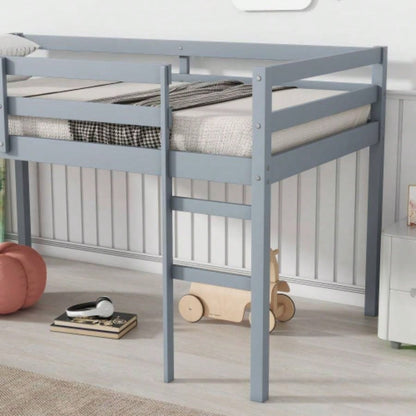Solid Wooden, Rubber Wooden Twin Loft Bed with Ladder, Bed Platform of Strengthened Slats,