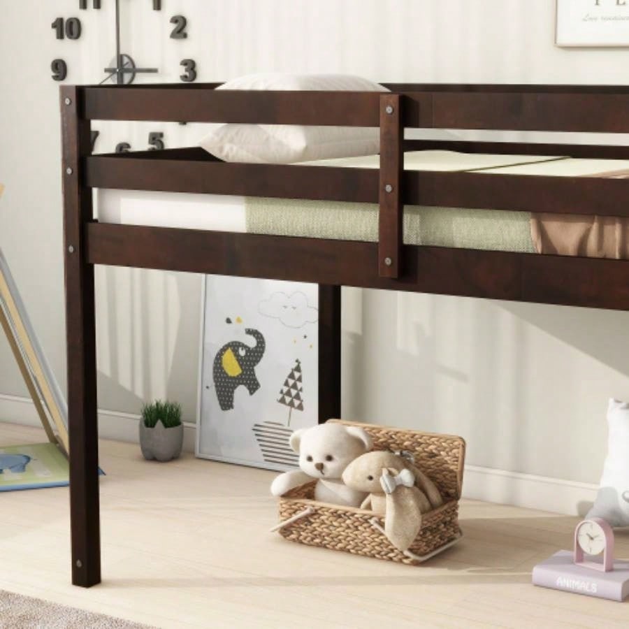 Solid Wooden, Rubber Wooden Twin Loft Bed with Ladder, Bed Platform of Strengthened Slats, Espresso