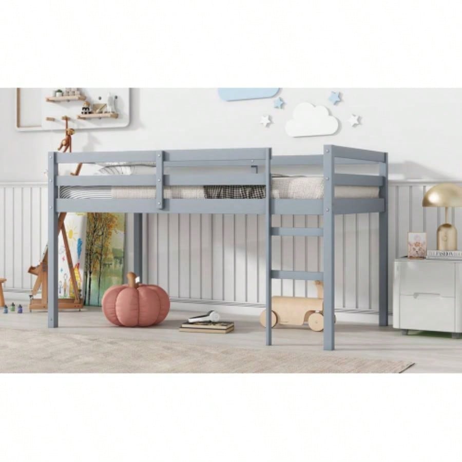 Solid Wooden, Rubber Wooden Twin Loft Bed with Ladder, Bed Platform of Strengthened Slats,