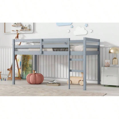 Solid Wooden, Rubber Wooden Twin Loft Bed with Ladder, Bed Platform of Strengthened Slats,