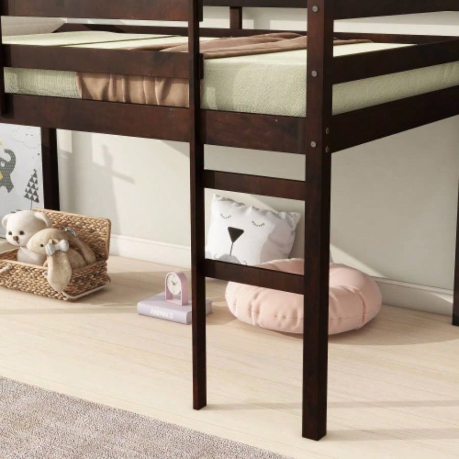 Solid Wooden, Rubber Wooden Twin Loft Bed with Ladder, Bed Platform of Strengthened Slats, Espresso