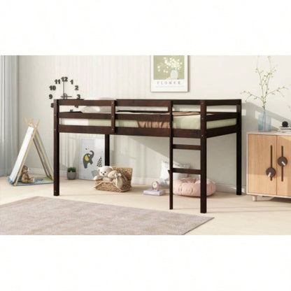 Solid Wooden, Rubber Wooden Twin Loft Bed with Ladder, Bed Platform of Strengthened Slats, Espresso