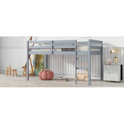 Solid Wooden, Rubber Wooden Twin Loft Bed with Ladder, Bed Platform of Strengthened Slats,