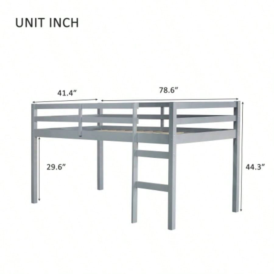 Solid Wooden, Rubber Wooden Twin Loft Bed with Ladder, Bed Platform of Strengthened Slats,