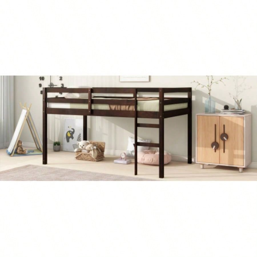 Solid Wooden, Rubber Wooden Twin Loft Bed with Ladder, Bed Platform of Strengthened Slats, Espresso