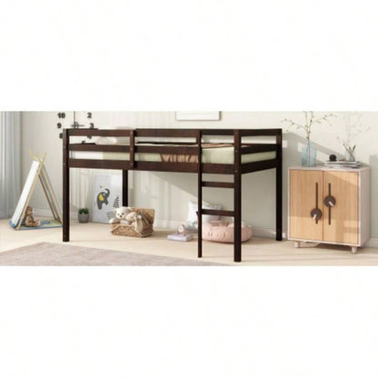 Solid Wooden, Rubber Wooden Twin Loft Bed with Ladder, Bed Platform of Strengthened Slats, Espresso