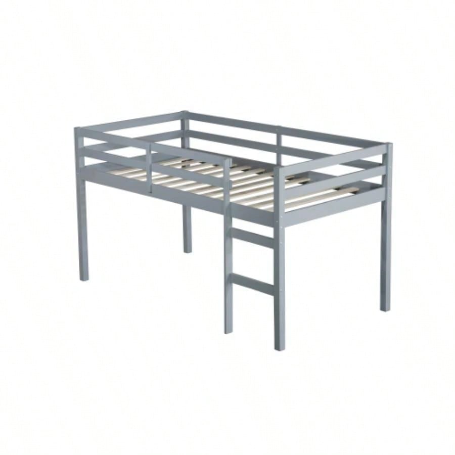 Solid Wooden, Rubber Wooden Twin Loft Bed with Ladder, Bed Platform of Strengthened Slats,