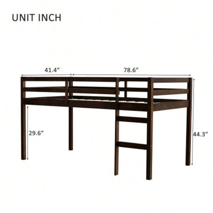 Solid Wooden, Rubber Wooden Twin Loft Bed with Ladder, Bed Platform of Strengthened Slats, Espresso