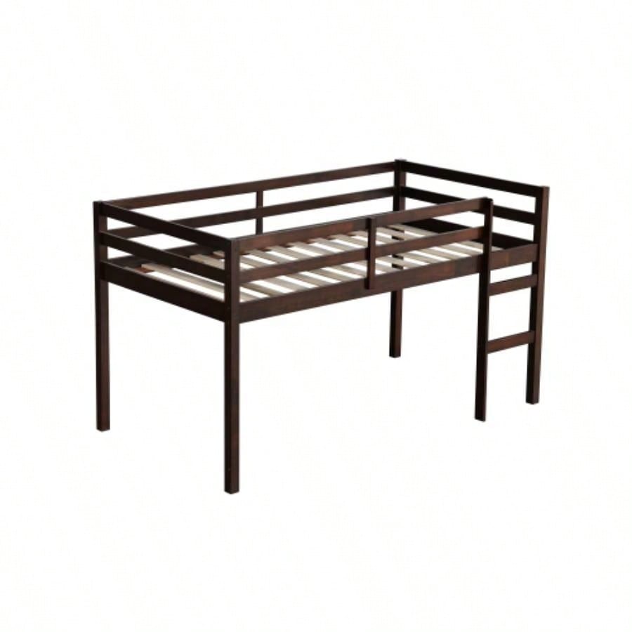 Solid Wooden, Rubber Wooden Twin Loft Bed with Ladder, Bed Platform of Strengthened Slats, Espresso