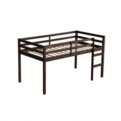 Solid Wooden, Rubber Wooden Twin Loft Bed with Ladder, Bed Platform of Strengthened Slats, Espresso