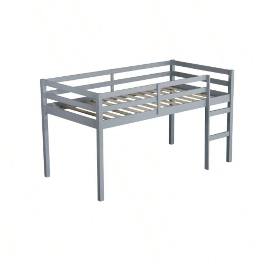 Solid Wooden, Rubber Wooden Twin Loft Bed with Ladder, Bed Platform of Strengthened Slats,