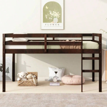 Solid Wooden, Rubber Wooden Twin Loft Bed with Ladder, Bed Platform of Strengthened Slats, Espresso