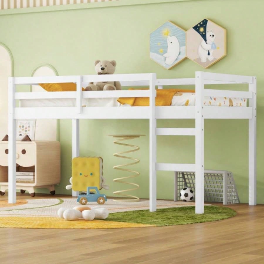 Solid Wooden, Rubber Wooden Twin Loft Bed with Ladder, Bed Platform of Strengthened Slats, Espresso