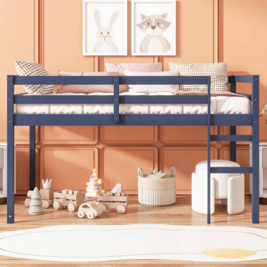 Solid Wooden, Rubber Wooden Twin Loft Bed with Ladder, Bed Platform of Strengthened Slats, Espresso