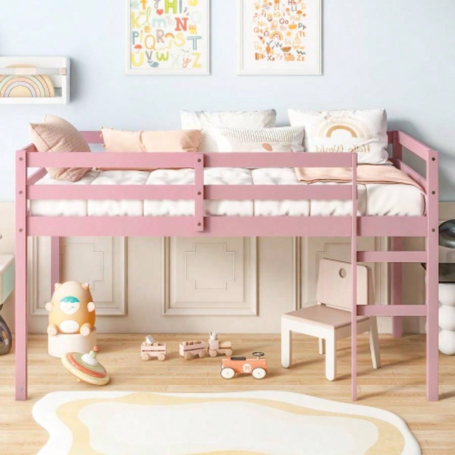 Solid Wooden, Rubber Wooden Twin Loft Bed with Ladder, Bed Platform of Strengthened Slats, Espresso