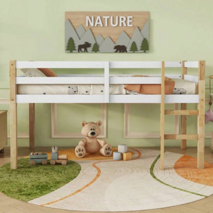 Solid Wooden, Rubber Wooden Twin Loft Bed with Ladder, Bed Platform of Strengthened Slats, Espresso