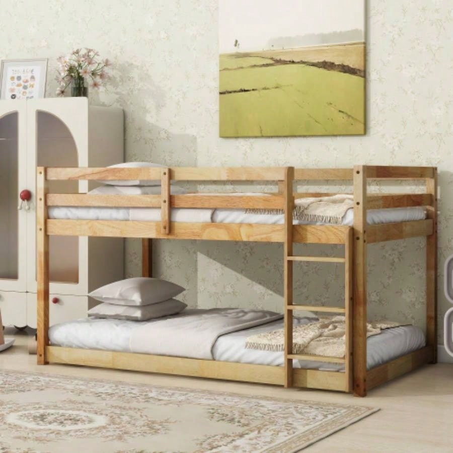 Solid Wooden, Solid Rubber Wooden Twin over Twin Floor Bunk Bed with Ladder, Upper and Bottom Bed Platforms crafted with Strengthened Slats, Natural