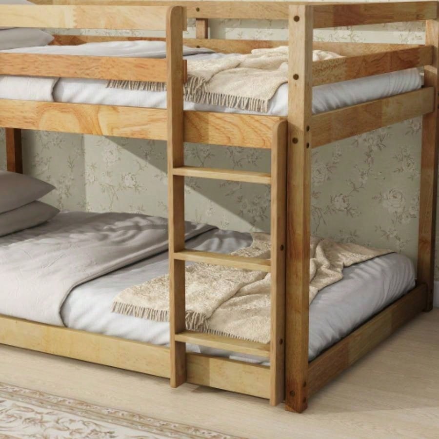 Solid Wooden, Solid Rubber Wooden Twin over Twin Floor Bunk Bed with Ladder, Upper and Bottom Bed Platforms crafted with Strengthened Slats, Natural