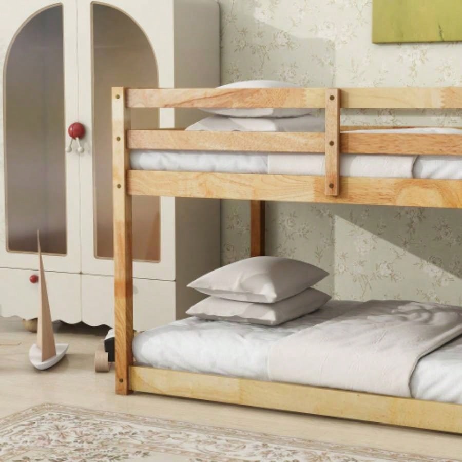 Solid Wooden, Solid Rubber Wooden Twin over Twin Floor Bunk Bed with Ladder, Upper and Bottom Bed Platforms crafted with Strengthened Slats, Natural