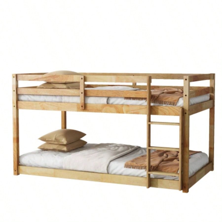 Solid Wooden, Solid Rubber Wooden Twin over Twin Floor Bunk Bed with Ladder, Upper and Bottom Bed Platforms crafted with Strengthened Slats, Natural