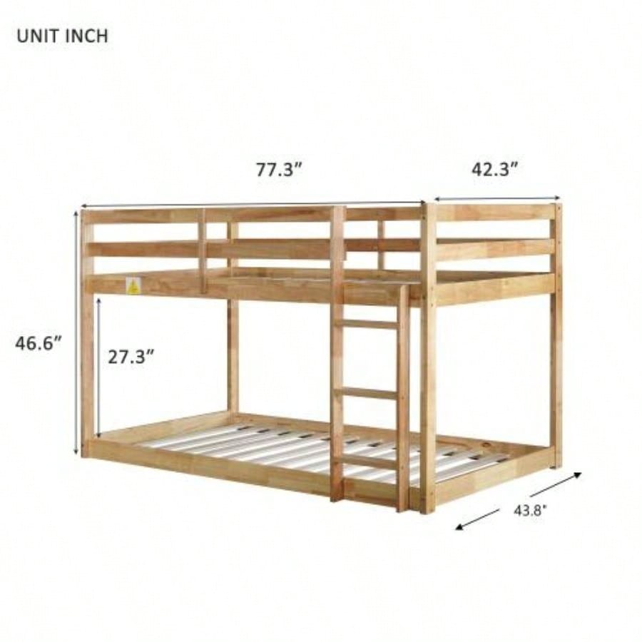 Solid Wooden, Solid Rubber Wooden Twin over Twin Floor Bunk Bed with Ladder, Upper and Bottom Bed Platforms crafted with Strengthened Slats, Natural
