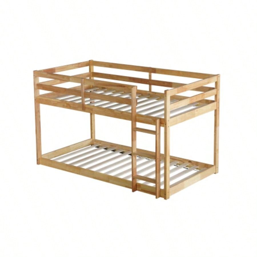 Solid Wooden, Solid Rubber Wooden Twin over Twin Floor Bunk Bed with Ladder, Upper and Bottom Bed Platforms crafted with Strengthened Slats, Natural