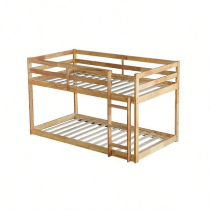 Solid Wooden, Solid Rubber Wooden Twin over Twin Floor Bunk Bed with Ladder, Upper and Bottom Bed Platforms crafted with Strengthened Slats, Natural