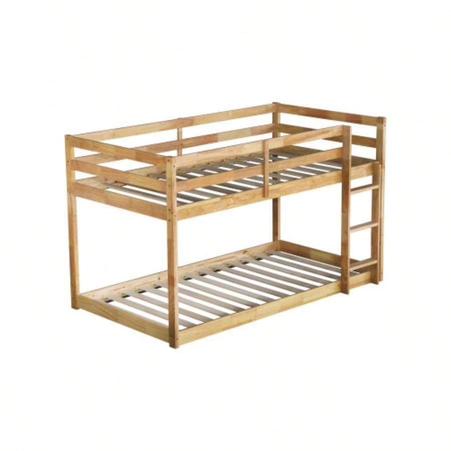 Solid Wooden, Solid Rubber Wooden Twin over Twin Floor Bunk Bed with Ladder, Upper and Bottom Bed Platforms crafted with Strengthened Slats, Natural