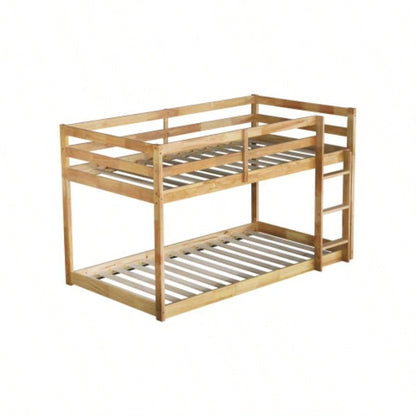Solid Wooden, Solid Rubber Wooden Twin over Twin Floor Bunk Bed with Ladder, Upper and Bottom Bed Platforms crafted with Strengthened Slats, Natural