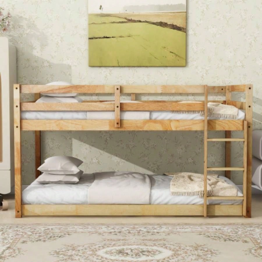 Solid Wooden, Solid Rubber Wooden Twin over Twin Floor Bunk Bed with Ladder, Upper and Bottom Bed Platforms crafted with Strengthened Slats, Natural