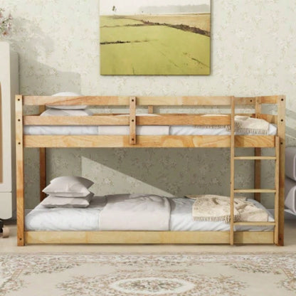 Solid Wooden, Solid Rubber Wooden Twin over Twin Floor Bunk Bed with Ladder, Upper and Bottom Bed Platforms crafted with Strengthened Slats, Natural