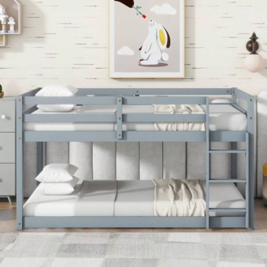 Solid Wooden, Solid Rubber Wooden Twin over Twin Floor Bunk Bed with Ladder, Upper and Bottom Bed Platforms crafted with Strengthened Slats, Natural