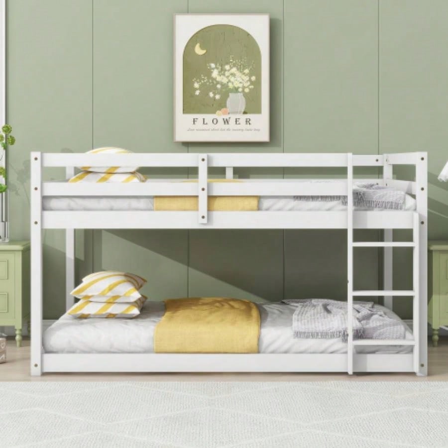 Solid Wooden, Solid Rubber Wooden Twin over Twin Floor Bunk Bed with Ladder, Upper and Bottom Bed Platforms crafted with Strengthened Slats, Natural