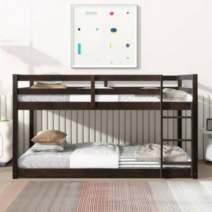 Solid Wooden, Solid Rubber Wooden Twin over Twin Floor Bunk Bed with Ladder, Upper and Bottom Bed Platforms crafted with Strengthened Slats, Natural