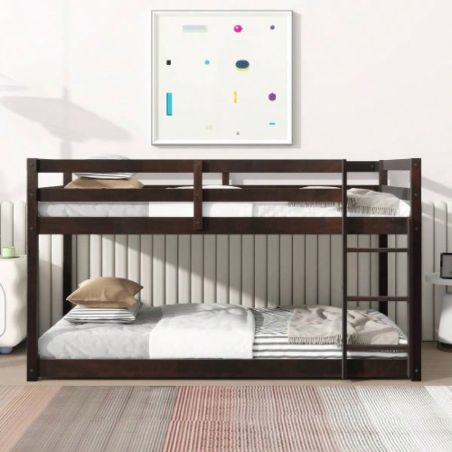 Solid Wooden, Solid Rubber Wooden Twin over Twin Floor Bunk Bed with Ladder, Upper and Bottom Bed Platforms crafted with Strengthened Slats, Natural