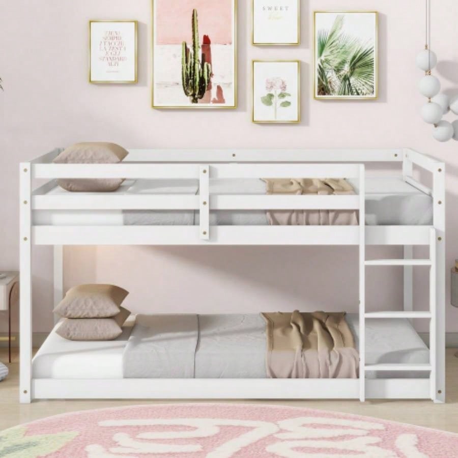 Solid Wooden, Solid Rubber Wooden Twin over Twin Floor Bunk Bed with Ladder, with Bed Platform of Strengthened Slats, White
